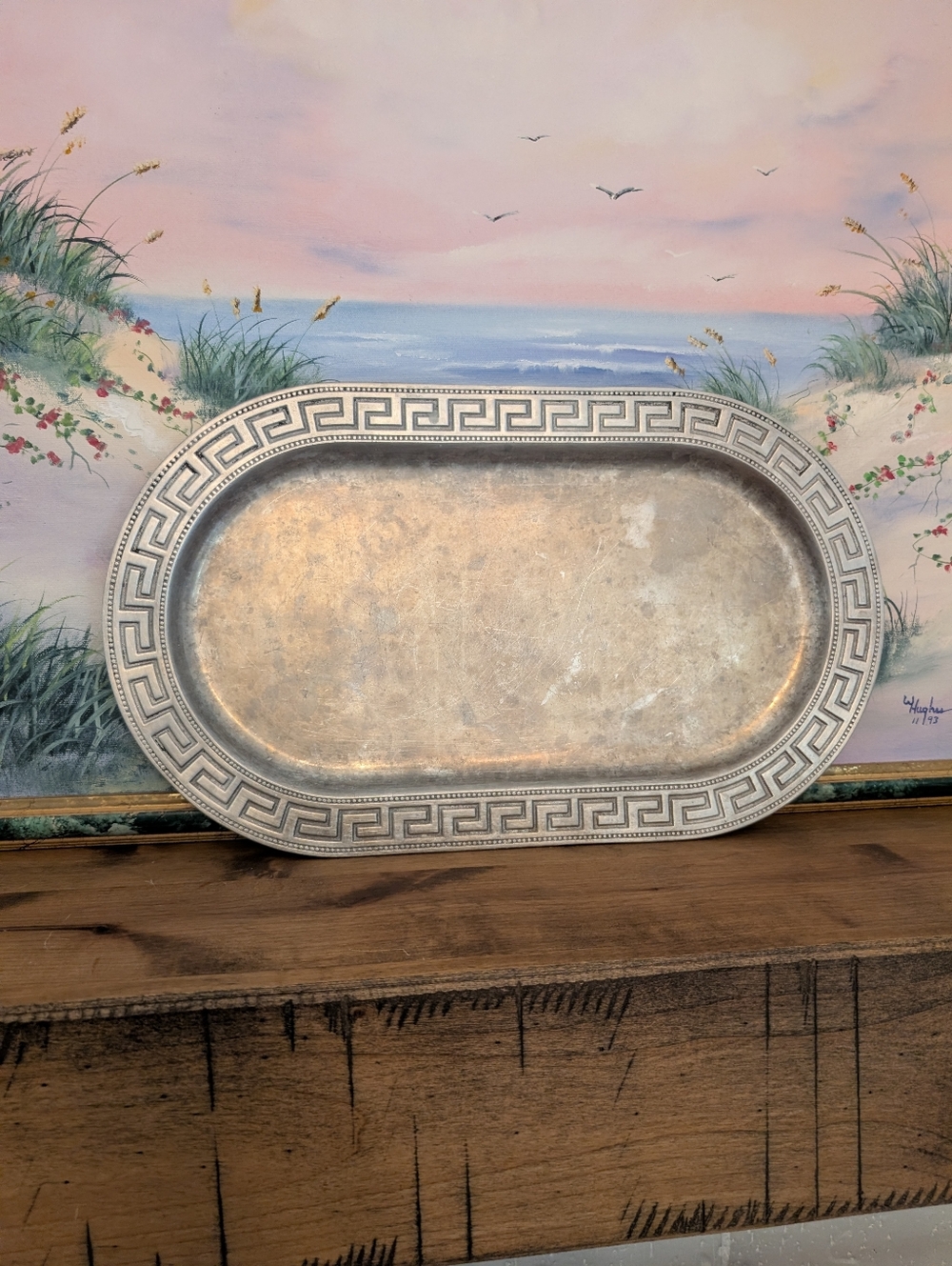 VINTAGE WILTON ARMETALE GREEK KEY LARGE OVAL SERVING PLATTER 18.5" USA